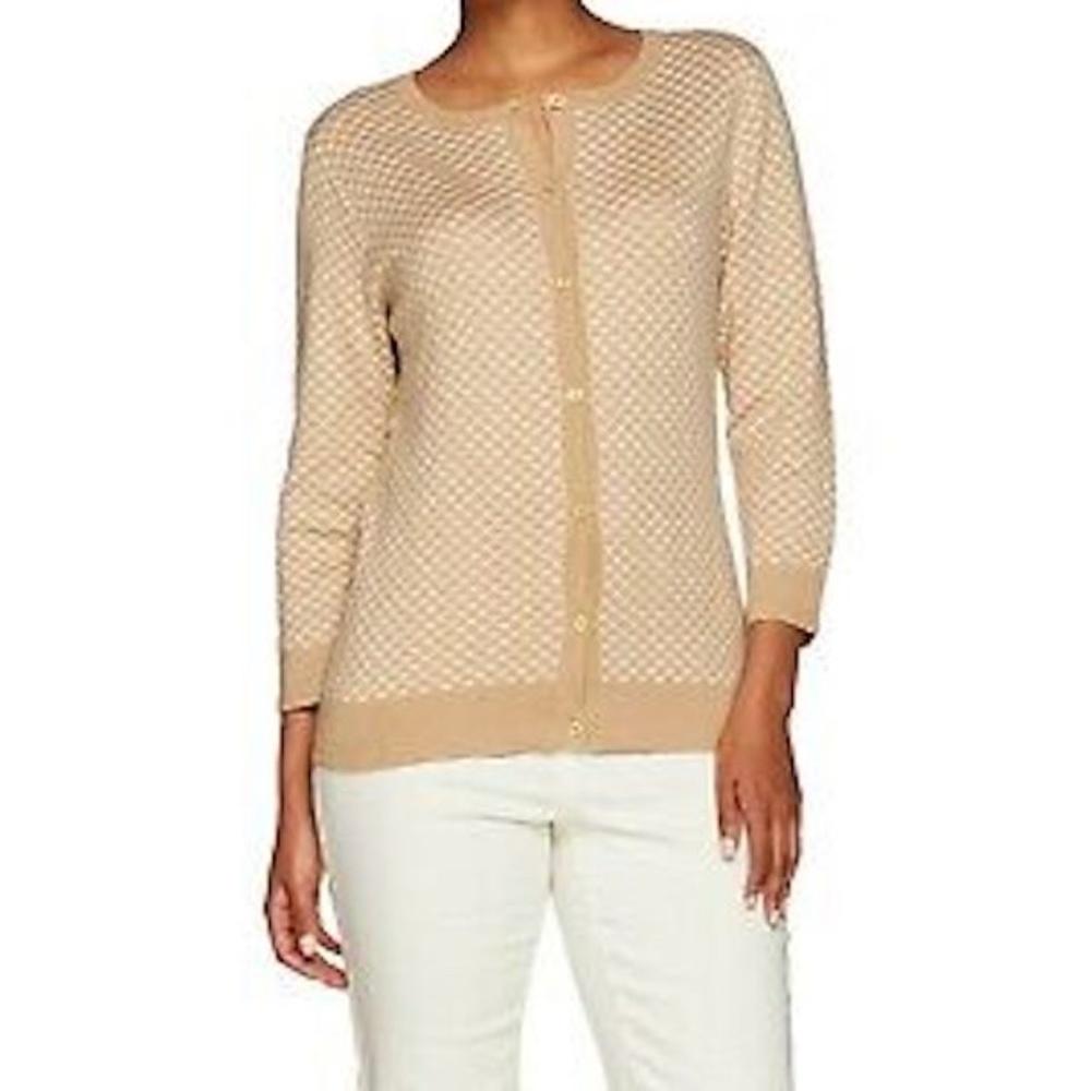 Cardigan Sweater 3/4 Sleeve Scallop Pattern Khaki